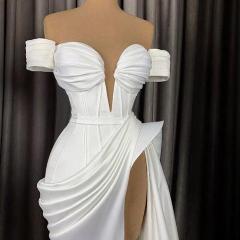 White Mermaid Evening Dresses Off The Shoulder High Slit Dubai