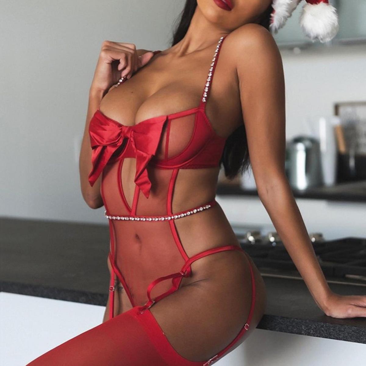 Glitter Rhinestones Camisoles Bow Lingerie Mesh Sleepwear Bodysuit Gstring  Thong Christmas Valentines Day Newlyweds Par Red Red M M