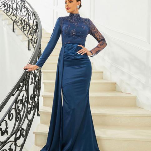 Missord Dark Blue Satin Evening Dresses Women 2023 Elegant Long Sleeve  Turtleneck Sequin Draped Bodycon Party Prom Dress Navy Blue Navy Blue M M