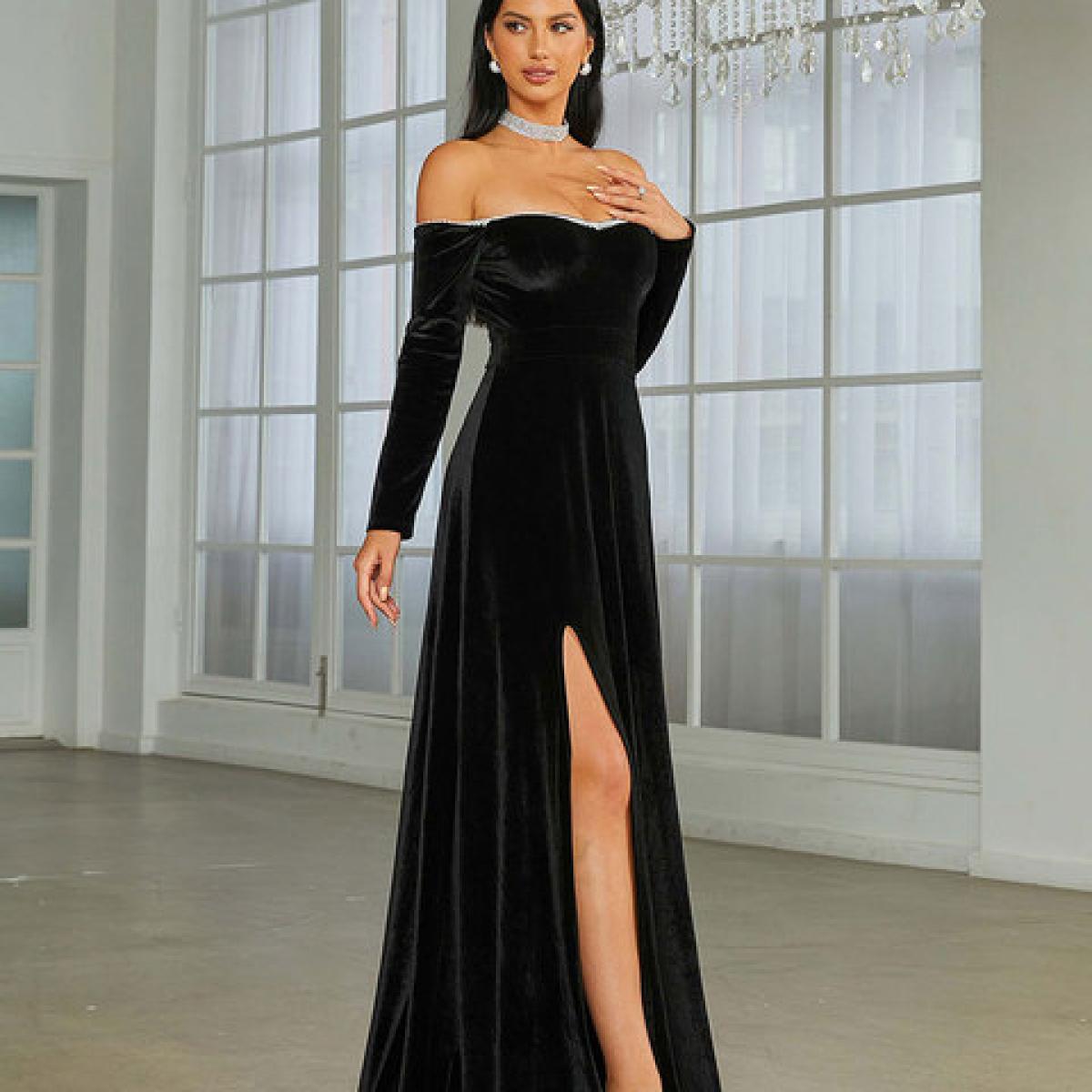 Missord Elegant Black Velvet Evening Dress 2023 Women Off Shoulder Long  Sleeve Thigh Split A Line Prom Party Dresses For Black Black XL XL
