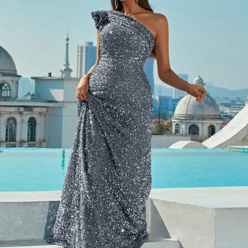 green emerald velvet dress Sparkly Mermaid One Shoulder Black Sequins Prom Dresses with Stars main image 0