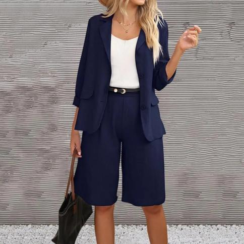 Ladies Double-breasted Suit Set Wide Leg Trousers Cardigan Two Piece Outfit  Blazer And Pants 2pcs Outfits