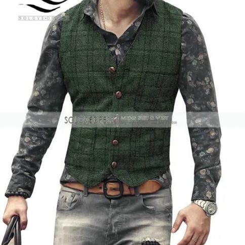 Dark Green Plaid Vest For Men Wool Tweed Casual Slim Fit Waistcoat Formal  Business Suit Vest For Groomsmen For Wedding S S Dark Green Dark Green
