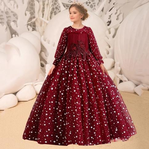 2022 מתבגרים שמלות שושבינה לילדים בנות ערב חתונה שמלת נשף שמלת שרוולים ארוכים ילדים פרח ילדה מסיבת נסיכה ד