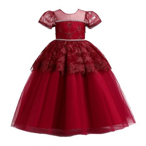 Teenager Lace Princess Evening Dress Kids Dress For Girl Wedding Bridesmaid  Ball Bown Children Christmas Birthday Party 6T 6T Dark Red Dark Red