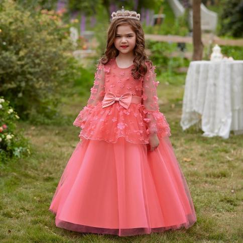 ילדת פרחים שמלות שושבינה שרוולים ארוכים ילדים תחפושת אלגנטית ילדים נסיכת שמלת כלה לילדות מסיבת ערב