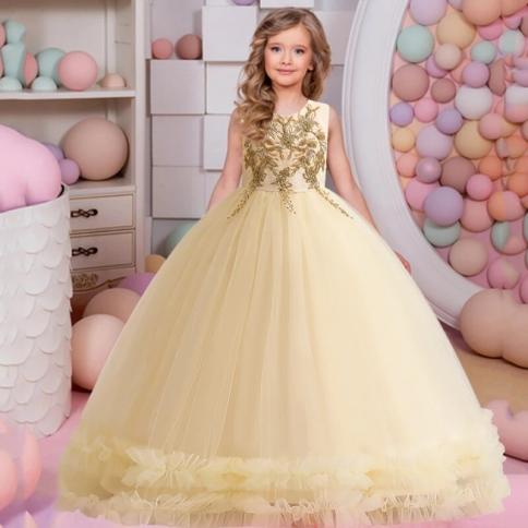 תחרות שמלות ערב רשמיות לילדות ילדים תחפושת אלגנטית ילדים טול שמלת נסיכה רקומה פרח ילדה חלק