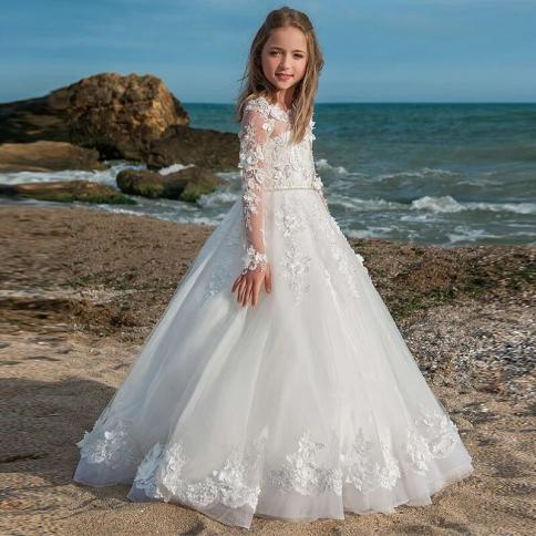 שרוול ארוך תחרה לבנה שמלת שושבינה לבנות שמלות ערב רשמיות אלגנטיות ילדה ילדה מסיבת חתונה ראשונה