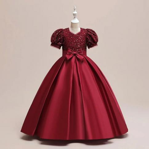 Christmas Party Dresses For Girls Kids Green Sequin Wedding Birthday Ball  Gown Bow Girl Princess Dress Children Evening Dark Red Dark Red 13-14T 170  13-14T 170