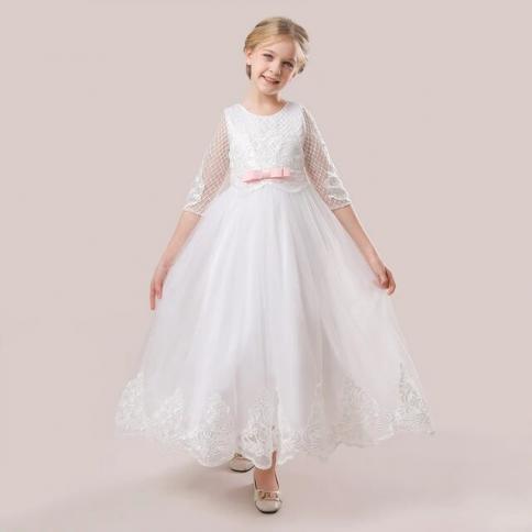 Teen White Lace Bridesmaid Dresses Half Sleeve Children Costume First  Communion Wedding Party Dress For Girls Princess P White White 13-14T 170  13-14T 170