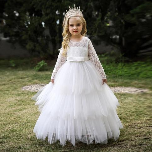 תחרה שרוול ארוך שמלת שושבינה לבנה לילדות ילדים שמלות ערב נסיכות ילדים ילדה ילדה בגד תחפושת מסיבת חתונה