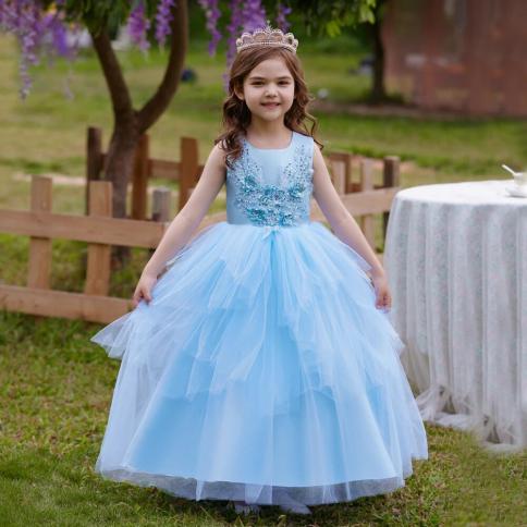טול נוער שמלות שושבינה לילדות חתונה ילדים תחפושת אפליקציה פרח שמלת נסיכת ילדים ערב מסיבת ילדה