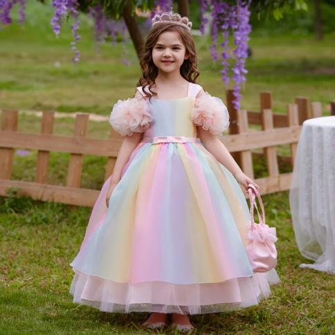 חתונה רשמית ארוכה שמלת בנות טול צבעונית שושבינה שמלות ילדים לילדה ילדה ילדה נסיכה שמלת מסיבת ערב נוער V