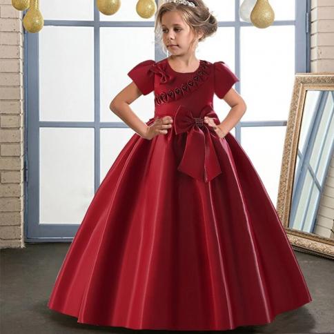 שמלת מסיבת בנות אלגנטית קשת שרוולים קצרים לילדים ילדה יום הולדת שמלת נשף לחתונה תחרות תחפושות לילדים ערב רשמי