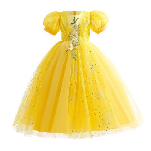בנות פרח שמלת כלה תחרה צהובה בגדי ילדים ילדים יום הולדת שמלות מסיבת נסיכות לילדה ערב רשמי ve