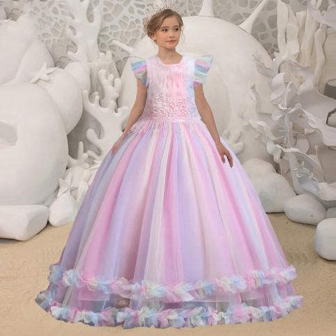 מסיבת טקס פרח ילדה שמלת אלגנטית בנות ערב שושבינה שמלות טול צבעוני לילדים יום הולדת בגדי נסיכה