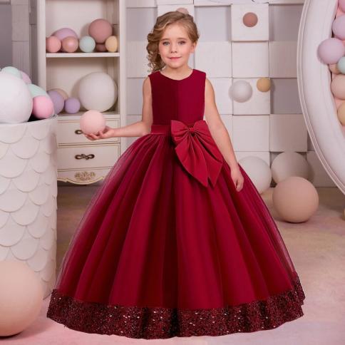 שמלת חג המולד אדומה לילדות ילדים תחפושת נסיכה קשת נצנצים ילדים שמלות מסיבת חתונה תחרות ערב רשמי