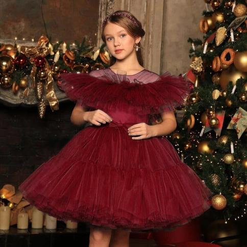 שמלות מסיבת חג המולד אדומות לבנות שמלת נשף חתונה טול אלגנטי ילדים ילדה ילדה שמלת נסיכה ילדים ערב רשמי v