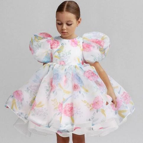 שמלת בנות פרחי קיץ לילדים בגדי שרוולים נפוחים לילדים יום הולדת שמלות מסיבת נסיכות ערב חתונה רשמי v