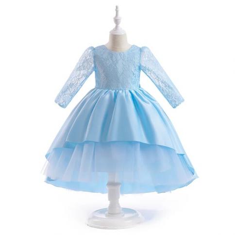 Long Sleeve Lace Bridesmaid Dresses For Girls Children Costume Puffy  Trailing Girl Wedding Party Dress Formal Evening Ve light blue light blue  6T 130 6T 130