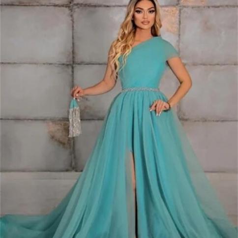 sachin and babi light blue dress Elegant Muslim Evening Dresses High Neck Long Sleeves Sky Blue Satin Prom  Gowns