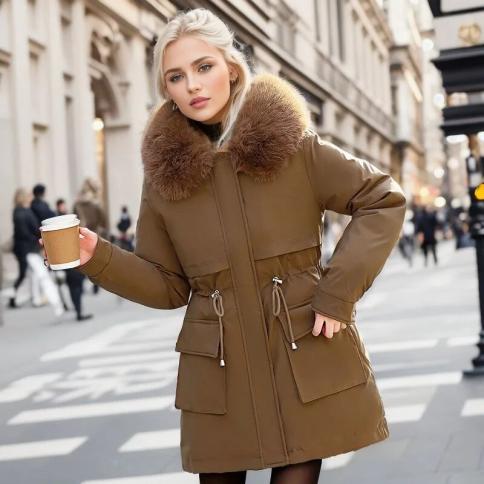 Lady Womens Big Fur Collar Hooded Coat Winter Long Parka Warm Down Padded  Jacket 