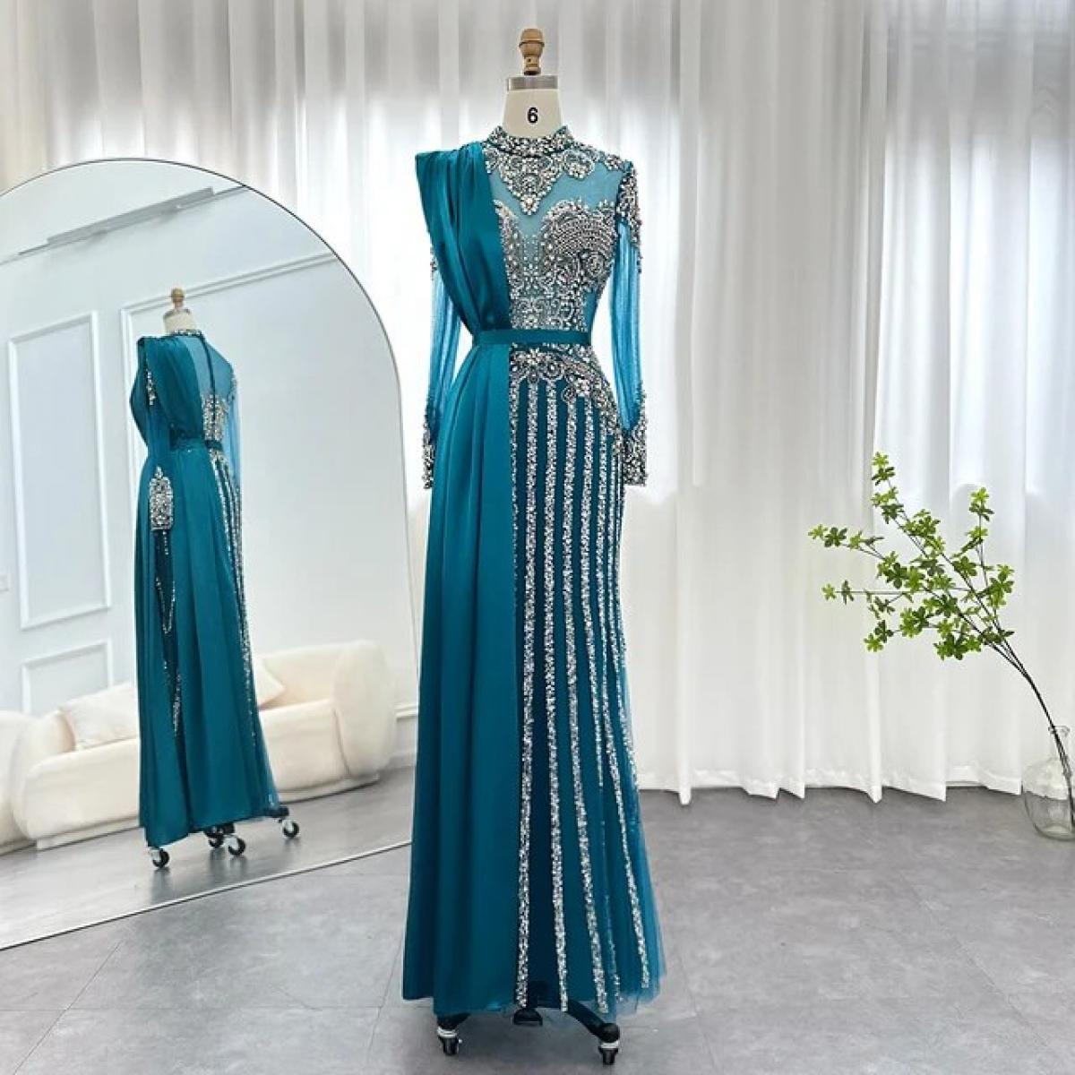 sachin and babi light blue dress Islamic Party Dresses Hijab Satin Evening Gown with Feather Detail Draped  and Embroidered Sleeves - Shop of Turkey