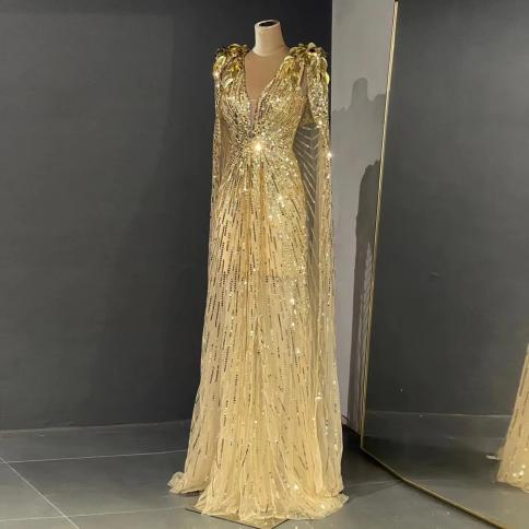 sachin and babi light blue dress Luxury Crystal Gold Evening Dress with Cape Sleeve SS268