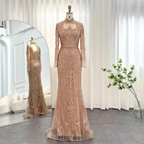 Sharon Said Luxury Rose Gold Muslim Dubai Evening Dresses Long Sleeves 2023 Emerald  Green Silver Gray Wedding Party Gown 8 8 rose gold rose gold