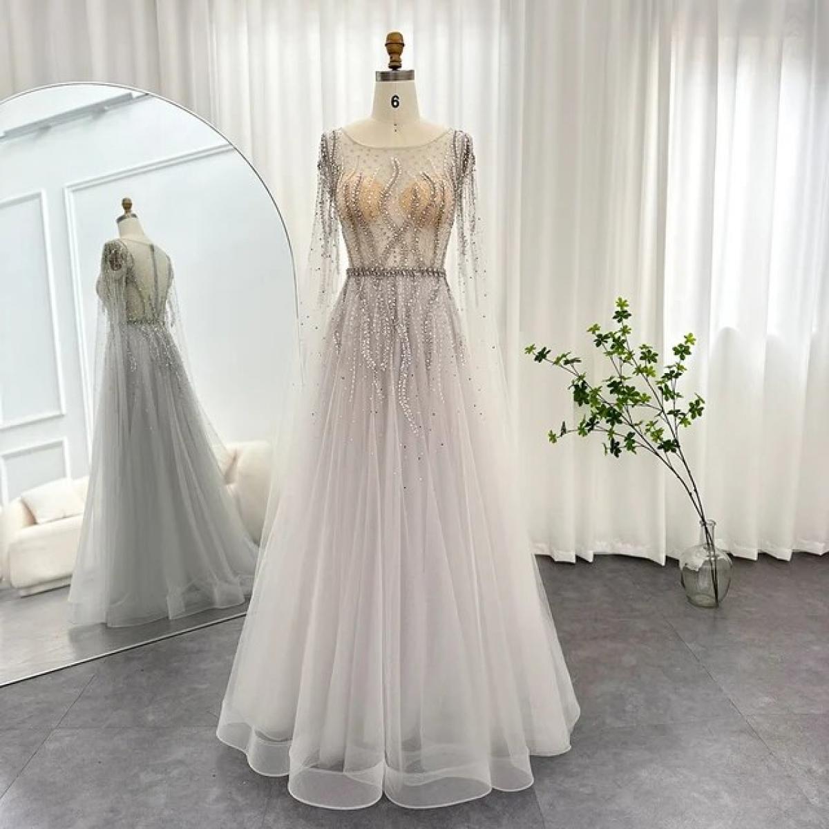 sachin and babi light blue dress Sharon Said Luxury 3D Flower Gray Long Sleeves Evening Dresses for Women  Wedding Party Elegant Arabic A-line Formal Gowns SS353