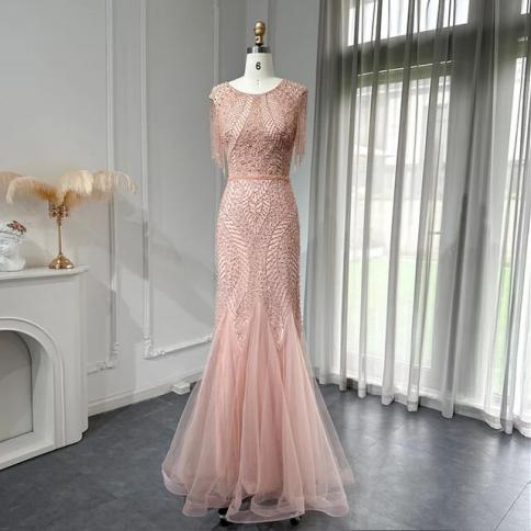 Sharon Said Luxury Dubai Pink Crystal Tassel Mermaid Evening Dresses For  Woman 2023 Arabic Wedding Party Fromal Dress Ss pink pink 8 8