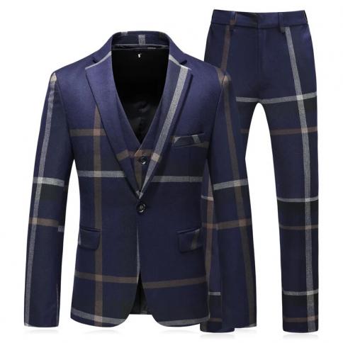 סט חליפת 3 חלקים משובץ לגברים מכנסיים ווסט בלייזר בסגנון בריטי דק כפול חזה שמלת כלה מעיל מעיל מכנסיים מותניים