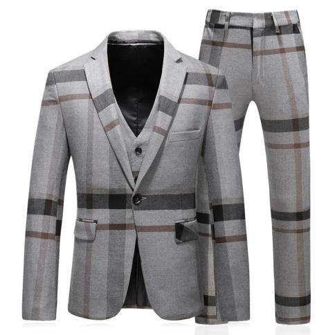 סט חליפת 3 חלקים משובץ לגברים מכנסיים ווסט בלייזר בסגנון בריטי דק כפול חזה שמלת כלה מעיל מעיל מכנסיים מותניים