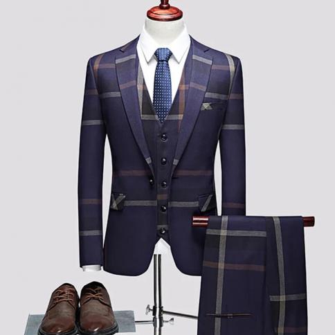 3 יחידות חליפות סט מעיל וסט מכנסיים / 2023 אופנה גברים קז'ואל בוטיק עסקי משובץ דקה שמלה רשמית בלייזרים ז'קט wai