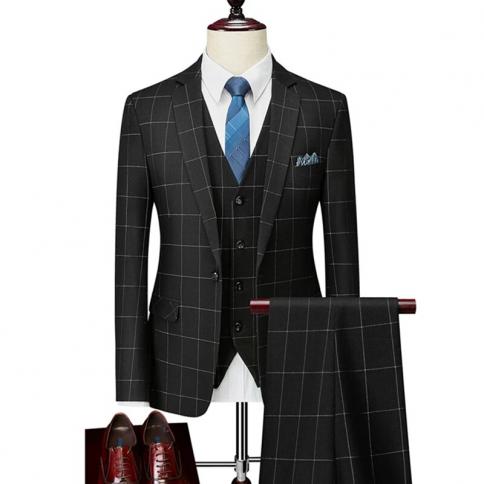 בלייזרים מעיל מכנסיים אפוד / 2023 אופנה חדשה לגברים קז'ואל בוטיק עסקי בריטית משובצת פסים חליפה מכנסיים מעיל וואי