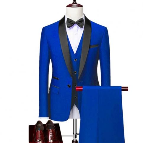 2023 אופנה חדש גברים בוטיק עסקים צבע אחיד צווארון שחור חליפת חתונה 3 יחידות סט בלייזרים מעיל שמלת מעיל מכנסיים v