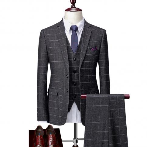 חליפה מכנסיים מעיל וסט 3 יחידות סט / 2023 אופנה חדש לגברים מזדמנים בוטיק עסקי בסגנון בריטי מכנסיים חליפה משובצת מותן