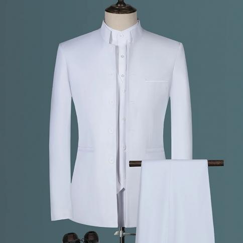 2023 אופנה גברים בוטיק קז'ואל לבן סטנד אפ צווארון סיני סגנון 3 יחידות חליפת סט slim fit בלייזרים מכנסיים מעיל מעיל