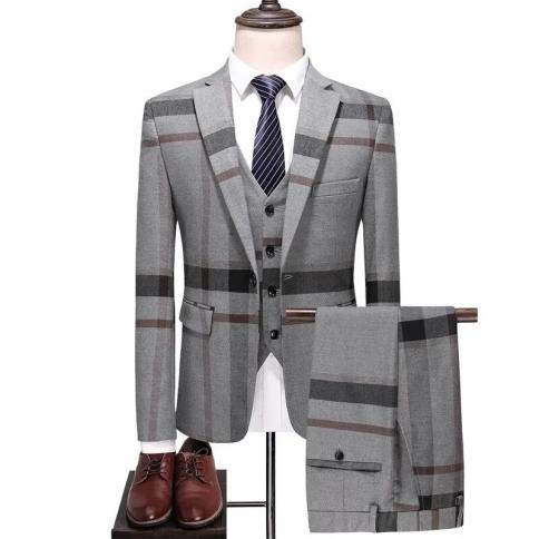 3 יחידות חליפות סט מעיל וסט מכנסיים / 2023 אופנה גברים קז'ואל בוטיק עסקי משובץ דקה שמלה רשמית בלייזרים ז'קט wai