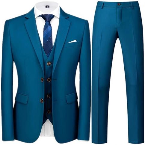 אופנה חדש לגברים עסקים קז'ואל צבע אחיד 3 חלקים חליפות/גבר שני כפתורים בלייזרים מעיל ג'קר מכנסיים ווסט עם