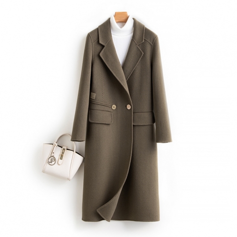 מעיל קשמיר דו צדדי לצווארון חליפה ישרה יוקרתית לנשים סתיו וחורף מעיל צמר ארוך חדש