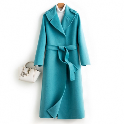 מעיל קשמיר דו צדדי לנשים סתיו וחורף עיצוב חדש של מעיל צמר צמר טהור חגורה ארוכה