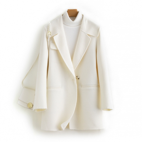 מעיל קשמיר דו צדדי בסגנון חליפה יוקרתית לנשים צמר צמר טהור חדש מעיל צמר קצר לבן נסיעה