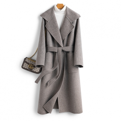 אופנה מעיל צמר צמר טהור חדש בסתיו וחורף באורך בינוני דו צדדי חגורת נשים מעיל קשמיר
