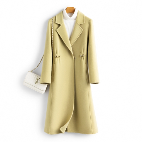 מעיל קשמיר אפס דו צדדי סתיו וחורף נשים בסגנון הפבורן דו צדדי צמר דק ארוך מעיל חגורה לנשים