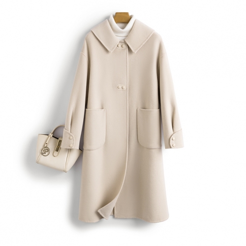 טמפרמנט 100% צמר טהור מעיל צמר לנשים סתיו וחורף בסגנון חדש מעיל באורך בינוני לגיל העמידה