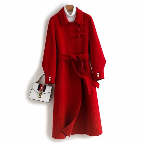 אבזם דיסק בסגנון סיני אדום דו צדדי מעיל קשמיר לנשים סתיו וחורף מעיל צמר חדש בסגנון ארוך