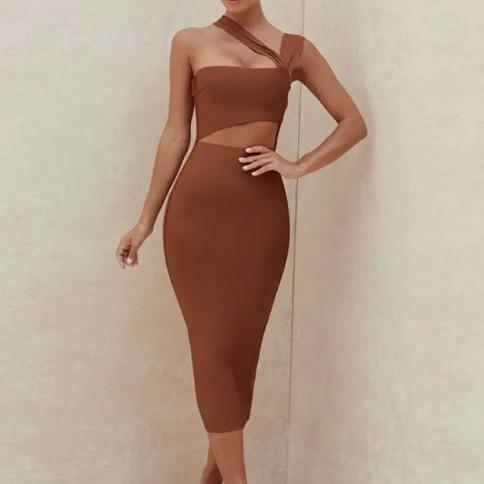 beaukey autum שמלה חומה אלגנטית bodycon חלול בלם כתף אחת vestido midi אורך מועדון שמלות מסיבה