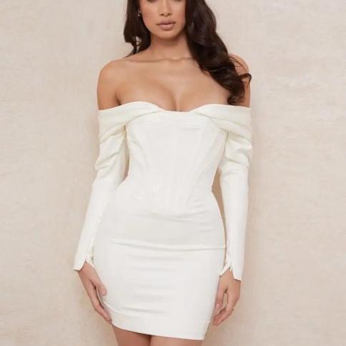 beaukey חורף הגעה חדשה מיני bodycon שמלות נשים מחוץ לכתף שמלת שרוולים ארוכים לבנה שמלת מועדון מסיבות vesidos