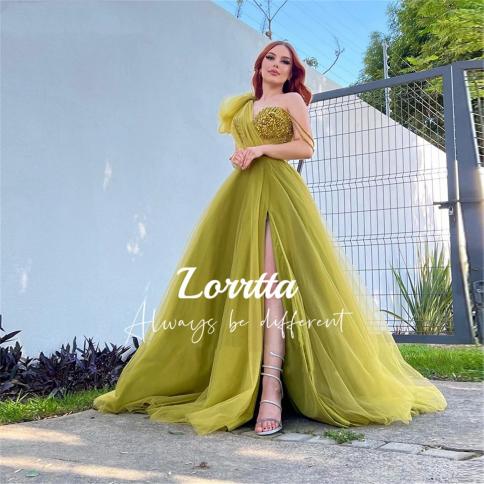 lorrtta טול אלגנטית שמלת נשף ארוכה צד גבוה שסע נצנצים שמלת ערב שמלת ערב שמלת כתף אחת שמלות מסיבה לנשים